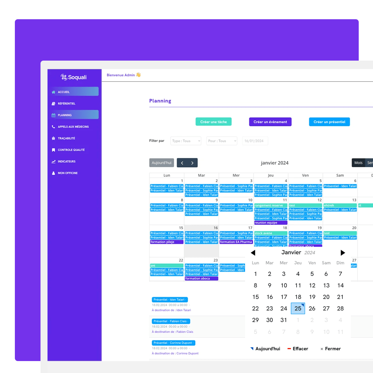 logiciel application management qualite officine message planning