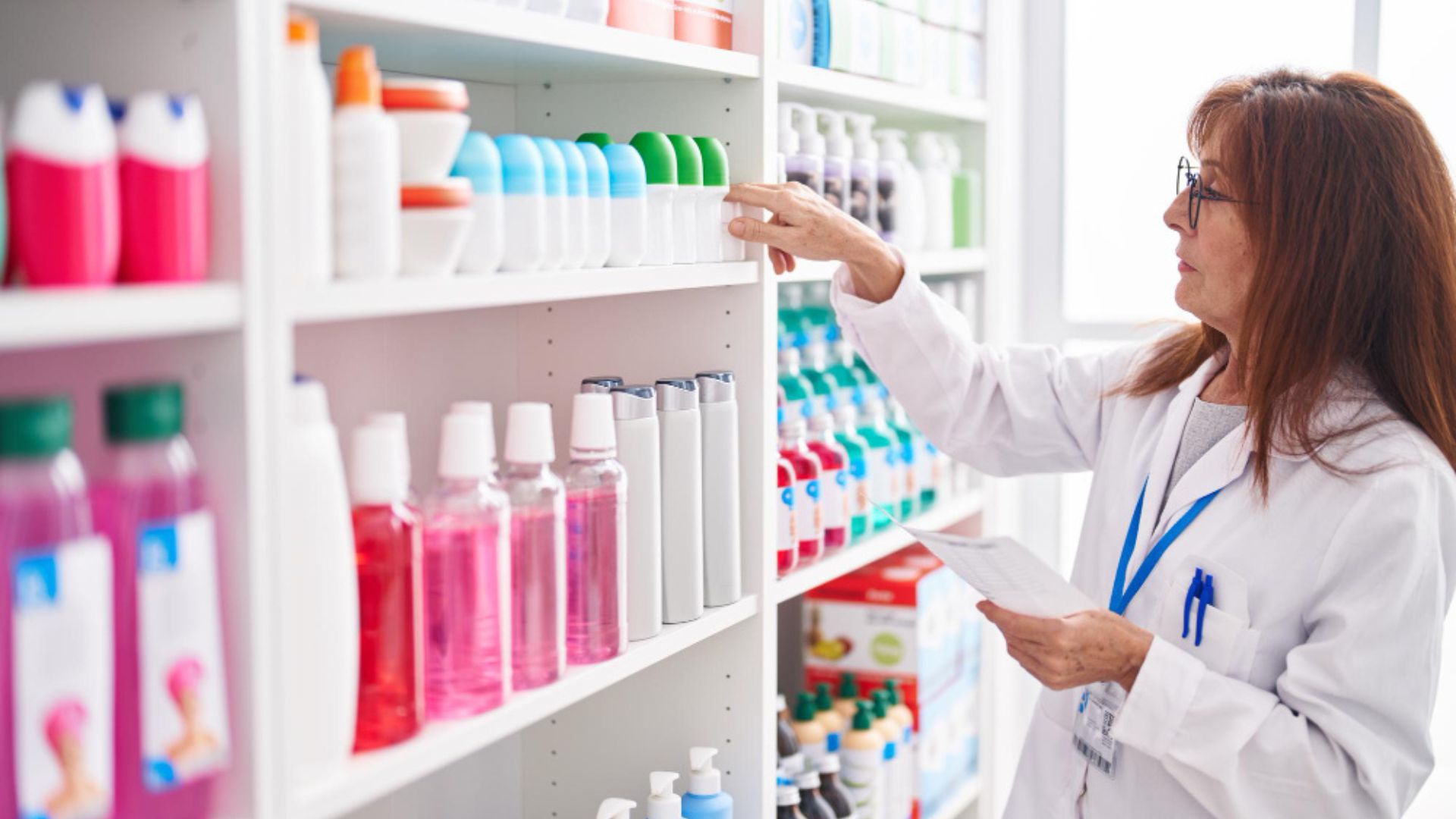 Pharmacienne en blouse blanche gérant les stocks de produits en officine, illustrant l’optimisation du temps grâce à un logiciel de gestion